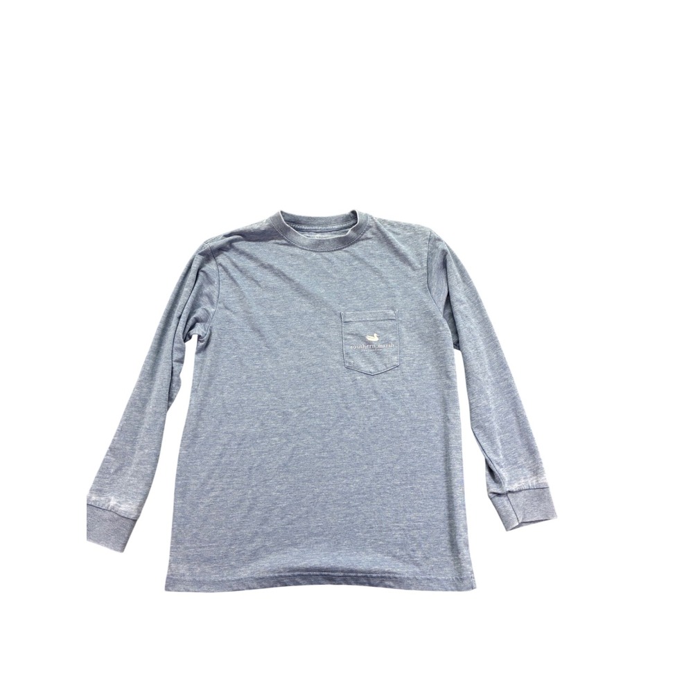 Southern Marsh Youth Large Heather Blue Long Sleeve Mountain Graphic Pocket Tee